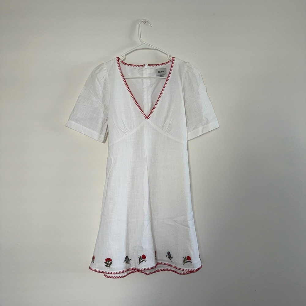 Rhythm White Embroidered V-Neck Mini Dress - S